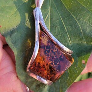 Large chunky genuine stunning Baltic amber 925 sterling silver necklace pendant